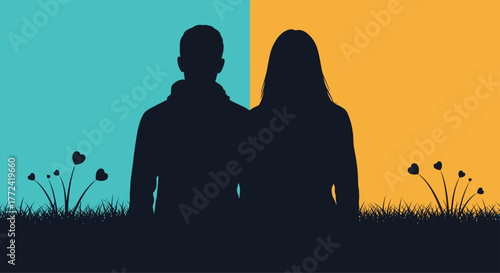 Romantic silhouette of a couple in front of a blue and orange background, with heart-shaped flowers and grass in the foreground.