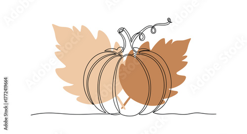 A minimalist continuous line art illustration of a pumpkin with warm-toned autumn leaves on a clean white background.