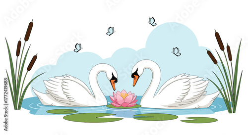 Two white swans in a heart shape, with a pink lotus flower, surrounded by cattails and butterflies in a pond.