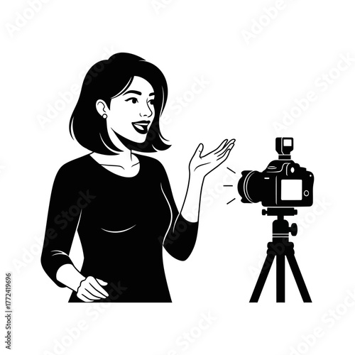 Fashionable Woman Posing for a Camera Mounted on a Tripod Stock Illustration