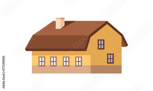 Facade of suburban building with mansard roof and chimney. Exterior of suburb residential house, village cottage, rural lodge, little bungalow. Flat isolated vector illustration on white background