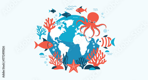Cartoon earth with octopus, fish, coral, and starfish to represent marine life.