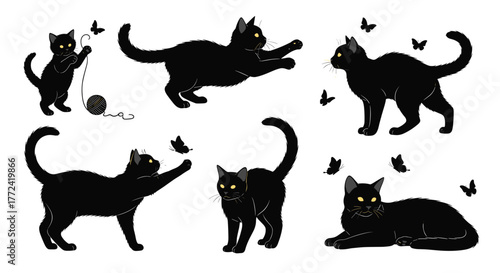 A playful collection of black cats interacting with butterflies and yarn.
