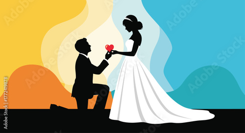 A man proposing to a woman, holding a red heart, in front of a colorful backdrop symbolizing love and commitment.