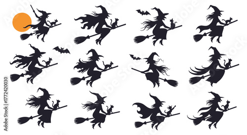 A series of silhouettes depict witches riding broomsticks, some with black cats and bats, set against a white background for Halloween themes.