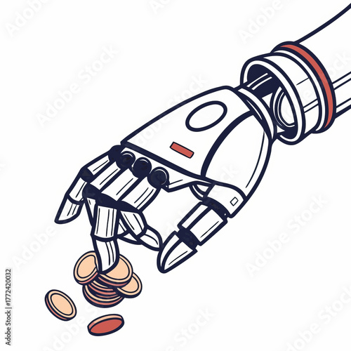 The hand of an android robot reaches for gold coins. Minimalist drawn illustration about AI, technology, and earnings