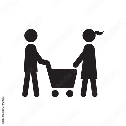Shopping icon, male person with shopping cart in a glyph pictogram illustration