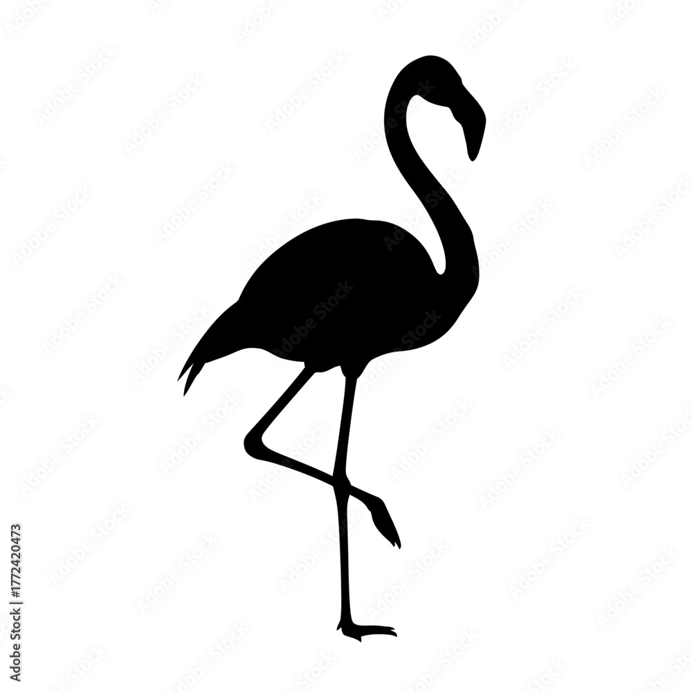 Fototapeta premium Silhouette of a flamingo standing on one leg against white background.