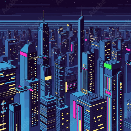 Nighttime cityscape with illuminated skyscrapers and buildings.