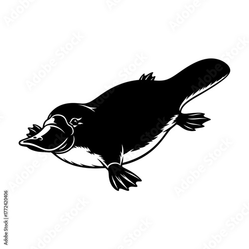 Monochrome illustration of a swimming platypus in detail.