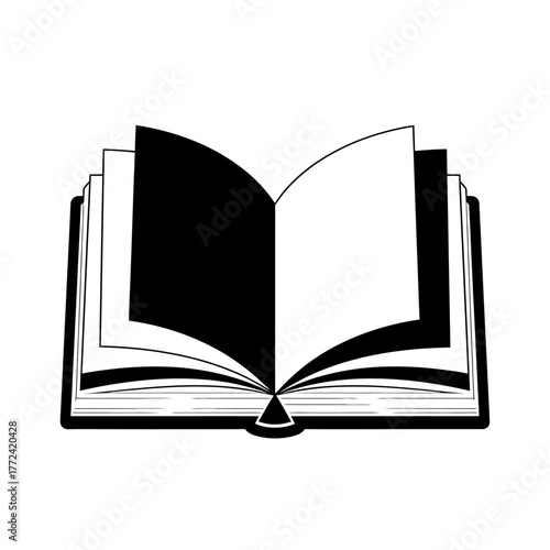 Open book with pages, black and white illustration, reading concept.