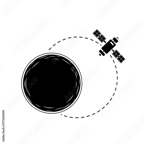 Satellite orbiting planet in space, black and white illustration.
