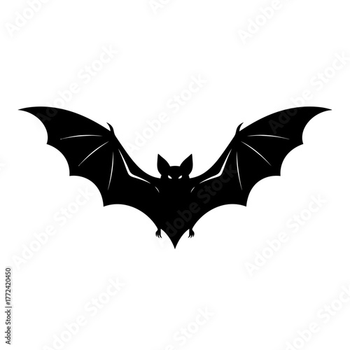 Silhouette of a bat with outstretched wings against a white background.