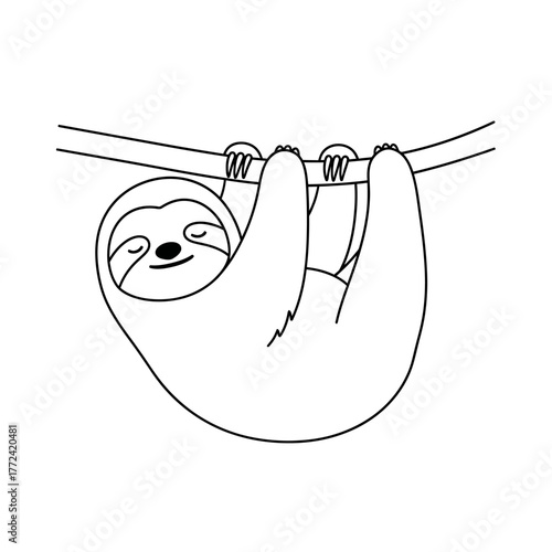 Sloth hanging on a branch with a smile.