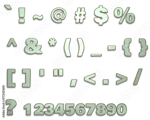 Collection of pale green special characters and numbers arranged on a white background surface
