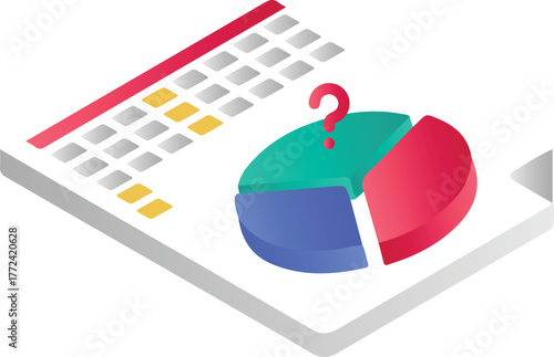 Isometric pie chart with question mark on a document graph data