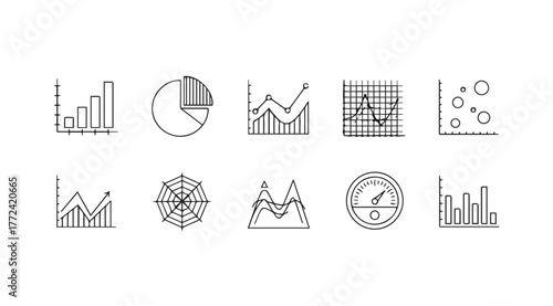 Hand drawn icons representing diverse business growth charts and analytics concepts vector