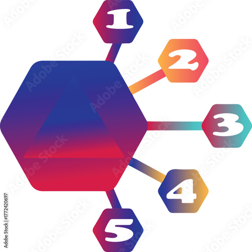 Hexagonal infographic with numbered branches and gradient colors spokes connection
