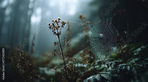Early Morning Mist in Forest with Spider Web Among Plants Capturing Dew Drops, Evoking Mystery and Serenity in Nature's Stillness
