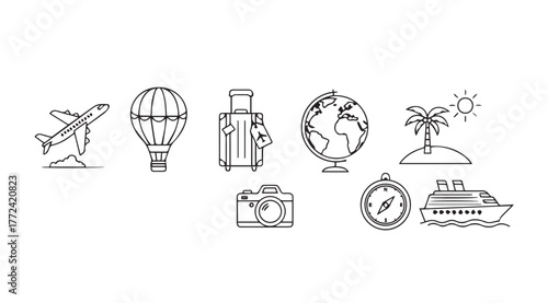 Hand drawn travel icons collection featuring airplane hot air balloon globe camera compass cruise ship and palm tree vector