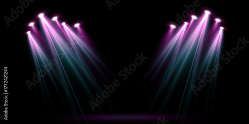 Bright pink neon lights and LED spotlights for concert stage. Realistic performance or disco lighting with glowing pink beams and reflections on transparent vector background.	