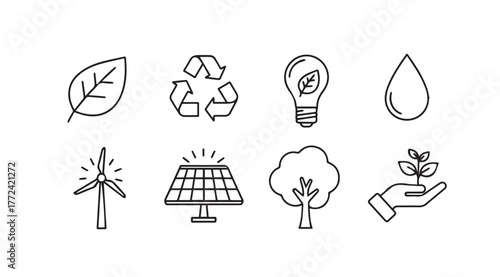 Hand drawn eco icons set for sustainable energy and nature conservation concepts vector