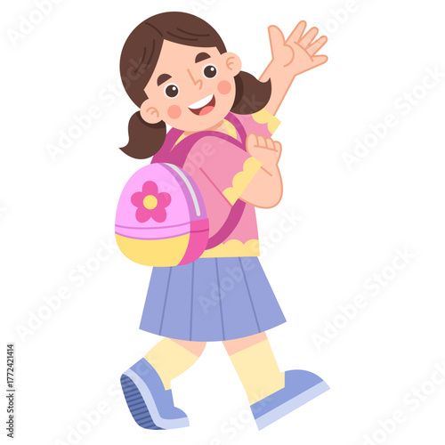 Illustration of a Girl With Backpack Waving