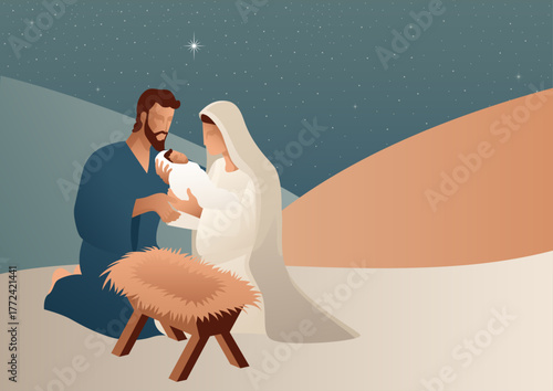 Vector illustration of the Nativity scene showing Mary and Joseph with baby Jesus under the Star of Bethlehem. A peaceful Christmas artwork symbolizing faith, love, and hope.