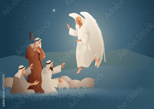 An angel appearing to shepherds in the field at night, announcing the birth of Jesus, with the Star of Bethlehem glowing above.