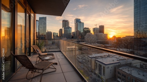 Wallpaper Mural Stunning sunset view from modern balcony overlooking city skyline with glass railings, urban landscape, and warm hues in the evening sky Torontodigital.ca