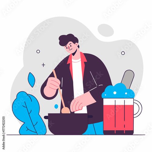 Man stirring a pot while cooking with a drink beside him