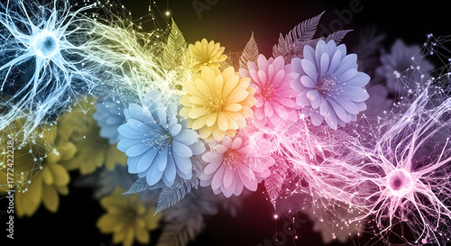 Colorful flowers with light effects create a vibrant and magical atmosphere