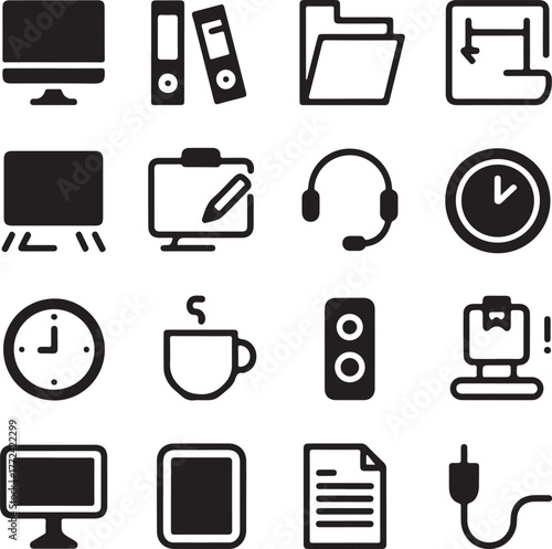 Modern office and technology icons set for digital and print design projects