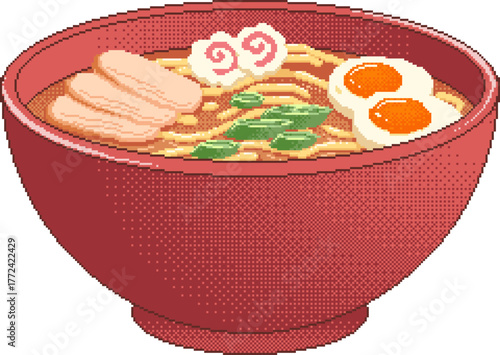 Pixel art Japanese ramen soup with meat slices and eggs isolated on white background. 16-bit retro video game style vector illustration.