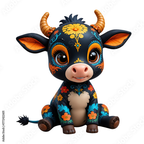 Adorable Cartoon Calf Decorated With Vibrant Floral Day Of The Dead Patterns Isolated On Transparent Background