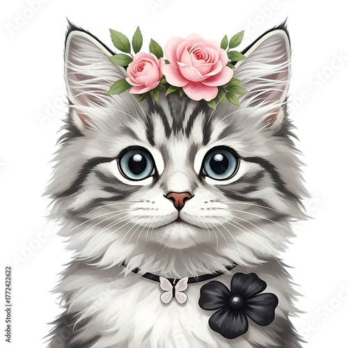 Adorable Fluffy Gray Kitten Wearing Flower Crown And Bow Tie Isolated On Transparent Background