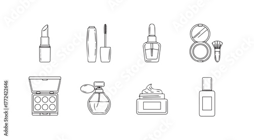 Collection of hand drawn cosmetic product icons featuring lipstick mascara perfume and makeup vector
