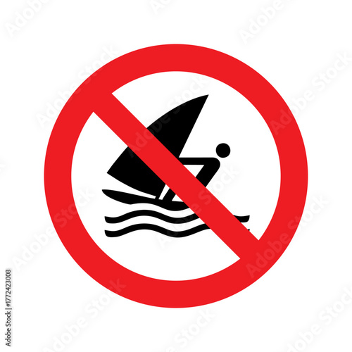 No windsurfing vector design prohibition safety sign standar ISO 7010.