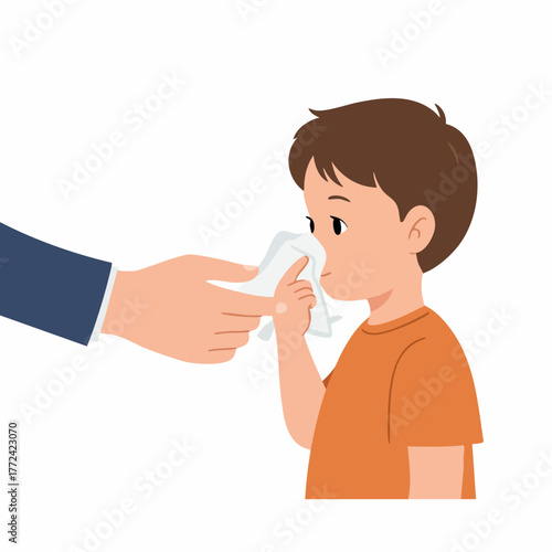 Flat Illustration of Hand Giving Tissue to a Sick Child Character