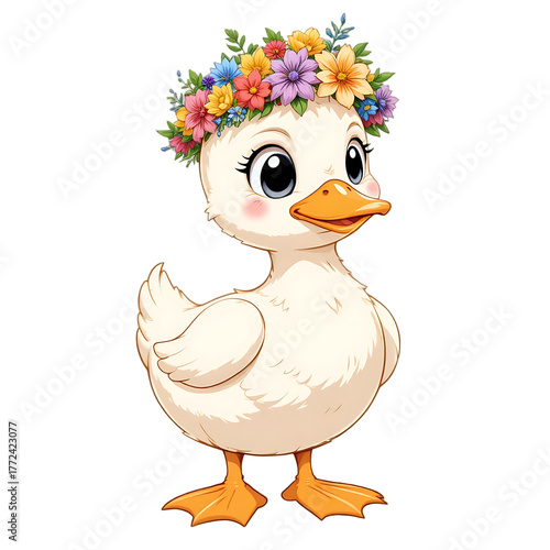 Cute Baby Duck Wearing Flower Crown Isolated On Transparent Background