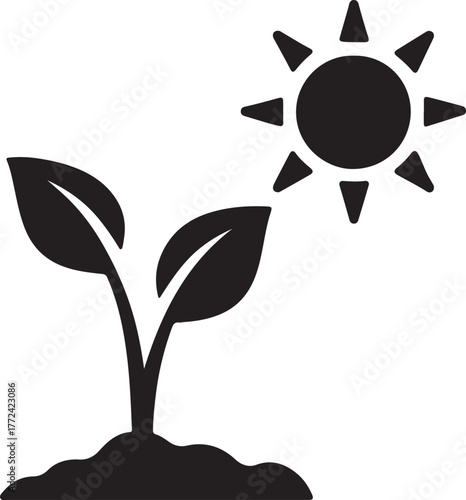 Black and White Plant Growth Illustration with Sun and Seedling