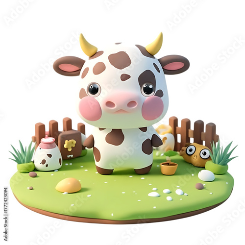 Cute Cartoon Cow Character In Whimsical Farm Scene Isolated On Transparent Background