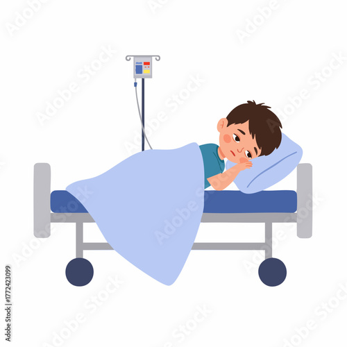 Cartoon Little Boy Sick in Hospital Bed Medical Illustration