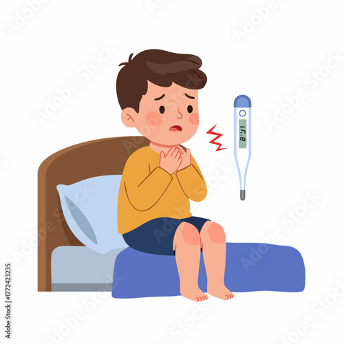 Flat Cartoon Illustration Boy Feeling Sick with Fever on Bed at Home