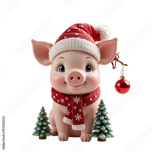 Cute Pig Wearing Santa Hat And Scarf With Christmas Trees Isolated On Transparent Background