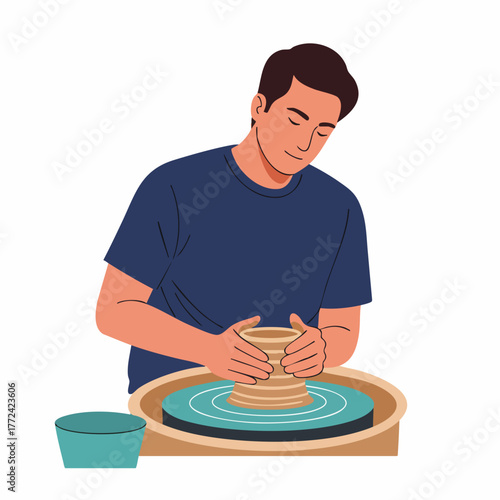 Flat Style Illustration Man Shaping Clay On Pottery Wheel Skill