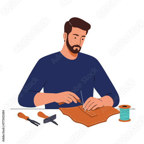 Flat Style Man Crafting Leather Product with Hand Tools Illustration