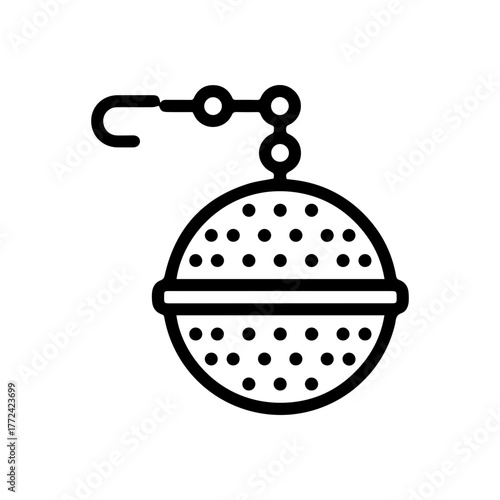 Tea Infuser Icon Vector — Line Art of Metal Mesh Ball Strainer for Brewing Loose Leaf Tea. Minimalist vector icon of a tea infuser ball. Simple black line art design representing a mesh tea strainer f