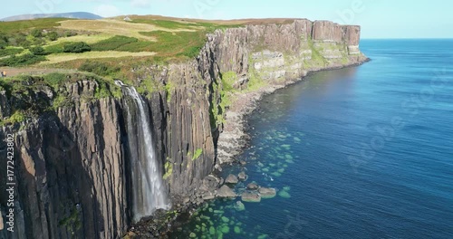 Drone view of Kilt Rock & Mealt Falls, Isle of Skye, Scotland