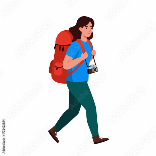 Cartoon Happy Woman Hiker Walking with Backpack Adventure Illustration